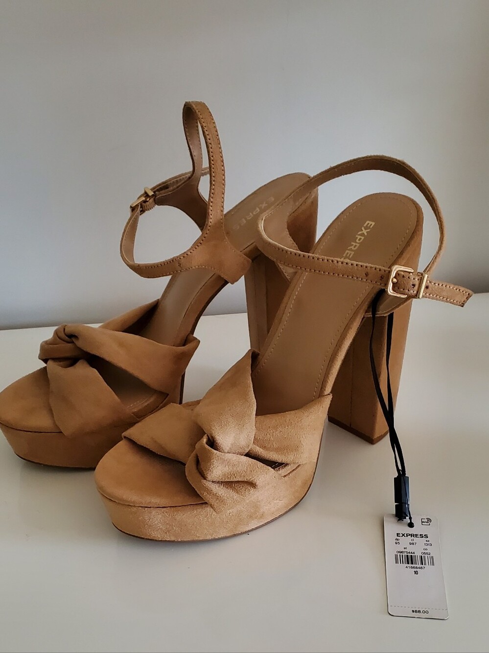 Express Tan Suede Knot Platform Sandals with Ankle Strap